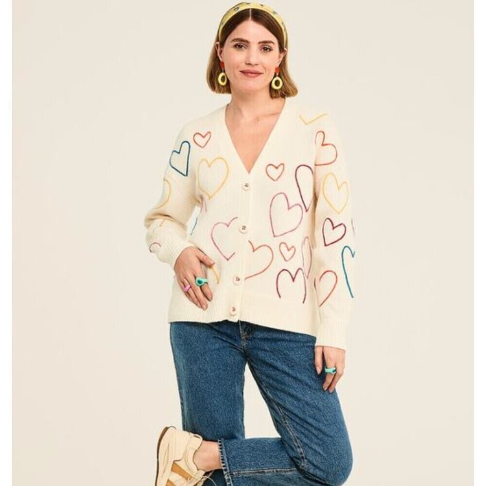 Kerri Rosenthal Embroidered Hearts Cardigan Cream Rainbow Size Small